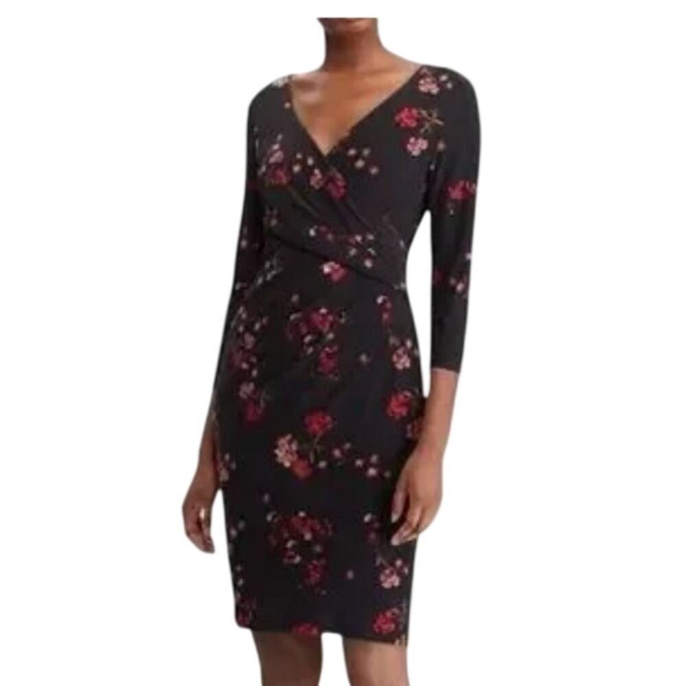 Ralph Lauren Silky Cleora Dress Size 10 Black Red Rose Faux Wrap Vamp Glam Event